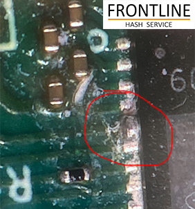 Aging solder and trace corrosion on an older Antminer Z11 hashboard