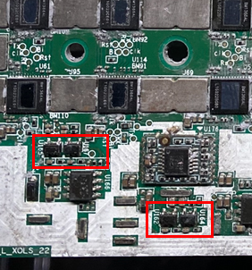 Power-stage regulator ICs on the Antminer Z15 hashboard under inspection